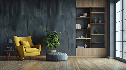 Fototapete - Interior of stylish living room with yellow armchair pouf and shelf unit : Generative AI