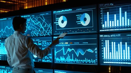 Fototapete - Analyst utilizing technology and dashboard with charts data science and Big Data technology for business Strategic data management system with KPI organization performance with technol : Generative AI