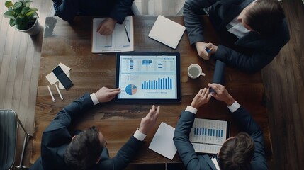 Poster - Top view of smart manager looking at financial statistic on tablet at meeting room Group of diverse business people working together to analyze investment data on table with notebook D : Generative AI