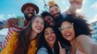 © The Little Hut - Multiracial friends group having fun taking selfie  Happy people hugging and posing for photo  Human resources concept : Generative AI