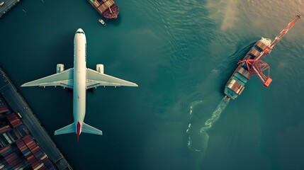 Poster - Aerial view and top view cargo plane flying above ship port in the export and import business and Smart logistics international goods Shipping cargo to harbor by crane : Generative AI