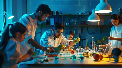 Fototapete - Teacher and students Learn and experiment with science in a school science classroom : Generative AI