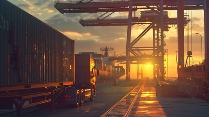 Poster - Container truck in ship port for business Logistics and transportation of Container Cargo ship and Cargo plane with working crane bridge in shipyard at sunrise logistic import export c : Generative AI