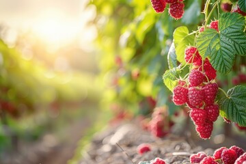 Wall Mural - A bunch of red raspberries hanging from a bush. The raspberries are ripe and ready to be picked