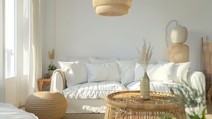 Aufkleber - Interior of light living room with sofas rattan table and soft carpet : Generative AI