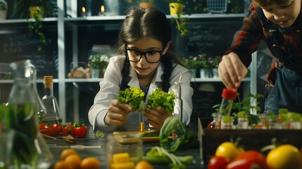 Aufkleber - Smart Boys and Talented Girls Experimenting with Growing Crops and Testing Different Nutrition Additives Young Teacher Helping Elementary School Pupils with Biology and Chemistry Class : Generative AI