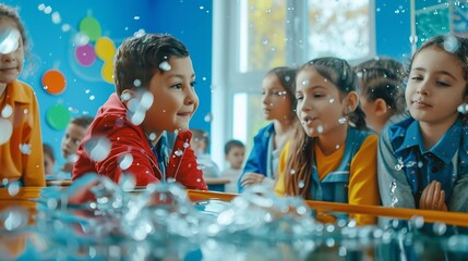 Aufkleber - Primary School Children Learning Basic Information About Water Cycles Geography Teacher Educating Smart Diverse Kids in a Modern Colorful Classroom Schoolchildren Understanding Weather : Generative AI