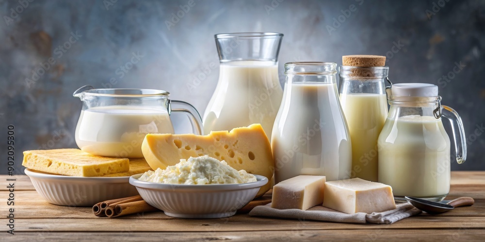 Front view of dairy products like milk jug, yogurt, butter, and ...