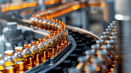 Poster - Advanced Bright Modern Pharmaceutical Factory Medical Ampoule Production Line Rows of Glass Vials with Orange Caps on Conveyor Belt Vaccine Production Facility Medication Manufacturing : Generative AI