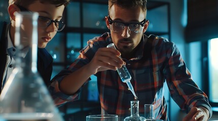 Fototapete - Teacher support schoolboy in laboratory Schoolboy and teacher stand and experiment about science of chemistry in STEM class using liquid in glass container Instructor mixing solution E : Generative AI