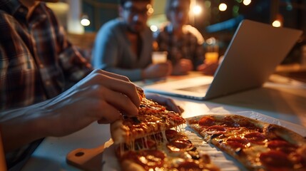 Aufkleber - Business people laptop and planning for design at night in office creative agency and overtime food for project Teamwork support and problem solving in pizza meeting for deadline and d : Generative AI