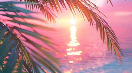 Poster - Sunrise sea beach sunset ocean tropical island coconut palm tree leaves soft color blurred background pink red sky sun reflection on blue water peaceful relaxed dawn landscape summer h : Generative AI