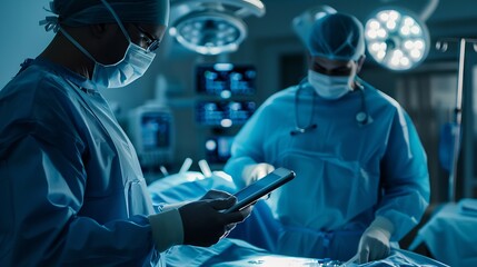 Poster - Doctor Utilizing Advanced Digital Tablet Technology in Modern Healthcare Medical Professional in Operating Room Analyzing RealTime Patient Data CuttingEdge Medical Innovations and solu : Generative AI