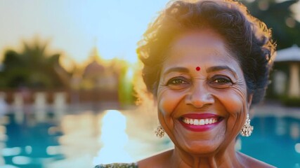 Wall Mural - Woman sitting on a poolside smiling