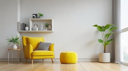 Fototapete - Interior of stylish living room with yellow armchair pouf and shelf unit : Generative AI