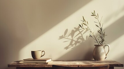 Poster - Breakfast scandi indoor interior still life Minimal home design concept Beige ceramic vase with olive tree branches Cup of coffee tea on wooden table desk with old books Empty beige wa : Generative AI