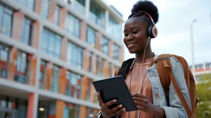 Poster - ELearning Happy Black Woman Student Using Tablet Computer Wearing Headphones Standing Near Modern University Building Outside Browsing Internet Outdoors Modern Online Education Copy Sp : Generative AI