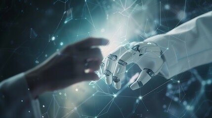 Poster - Medical Ai Hands of robot and human touching on medical data network connection AI robot for diagnosis increasing accuracy patient treatment in future technology to improve patient hea : Generative AI