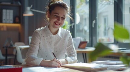 Aufkleber - Woman office and smile with writing notes or ideas with strategy planning and admin as hr manager Female person workplace and happy with calendar agenda and paperwork or documents and  : Generative AI