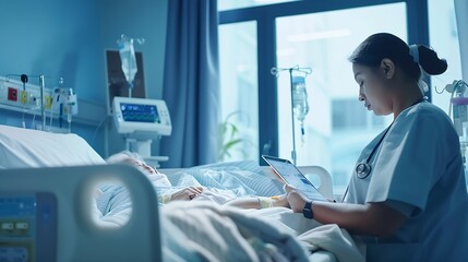 Poster - Tablet woman and doctor in hospital with reading healthcare and medical research with surgery planning Digital web and online consultation with professional working on technology with  : Generative AI