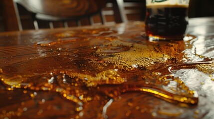 Wall Mural - A table with a brown liquid on it and a glass of beer. The table is covered in a sticky substance and the glass is half full