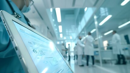 Aufkleber - Healthcare tablet and teamwork in meeting for research planning and discussion in hospital for collaboration Medical nurses and doctor with people for communication news report or feed : Generative AI