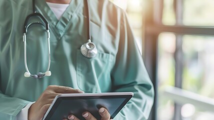 Poster - Man doctor and tablet in research medical or Telehealth for communication or networking at hospital Closeup of male person or healthcare surgeon on technology for social media or onlin : Generative AI