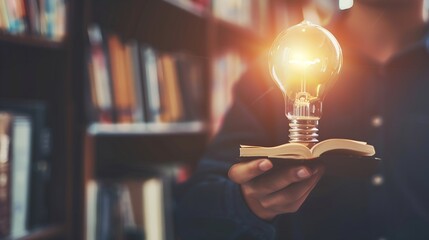 Aufkleber - Man hand holding lightbulb with learning educate and graduation concept study knowledge to creative thinking idea and problem solving solution Elearning online education course degree  : Generative AI