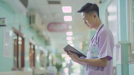 Aufkleber - Walking tablet or doctor in hospital with research on social media to search for medicine info online Asian man reading smile or medical healthcare nurse browsing on technology for tel : Generative AI