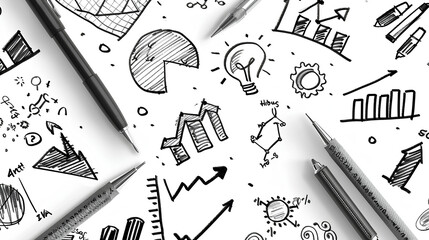Poster - Hand-drawn doodles of business and analysis concepts on a white background, depicting graphs, charts, and equations 