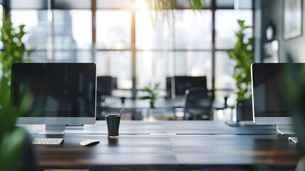 Leinwandbilder - Blur background of modern office environment with multiple workstations and large windows Corporate interior photography Professional workplace concept Design for corporate workplace S : Generative AI