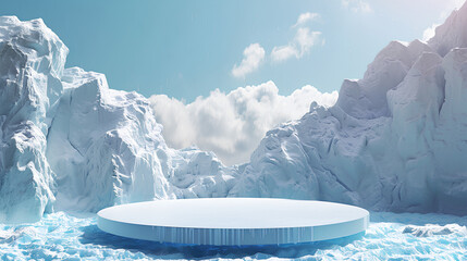 Poster - Ice podium background snow winter product platform cold mountain 3D. Podium ice display background cosmetic sky floor blue scene landscape frozen white cool stand pedestal minimal rock glacier nature