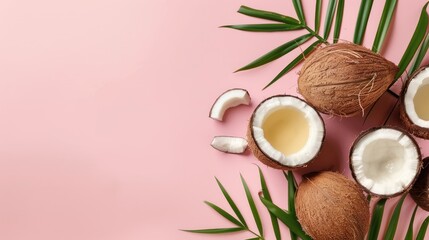 Canvas Print - Coconut oil and coconuts arranged creatively on pink background with copy space