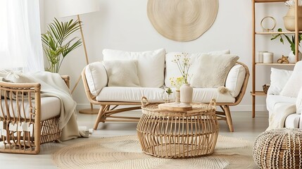 Aufkleber - Interior of light living room with sofas rattan table and soft carpet : Generative AI