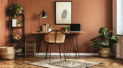 Creative composition of workplace interior with mock up poster frame wooden desk rattan chair black rack patterned rug plant brown wall books and personal accessories Home decor Templa : Generative AI