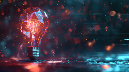 Poster - innovation technology with holographic glowing low polygonal light bulb dark background