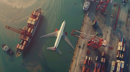 Poster - Aerial view and top view cargo plane flying above ship port in the export and import business and Smart logistics international goods Shipping cargo to harbor by crane : Generative AI