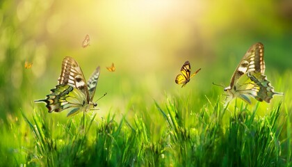 Natural green background of young juicy grass in sunlight with beautiful bokeh. Lush grass macro and two flying butterflies in nature outdoors, wide format with copy space.