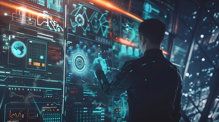 Fototapete - Ai Businessman working with modern interface Business analytics Big data technology and data science Data flow conceptBusiness computing digital composite : Generative AI