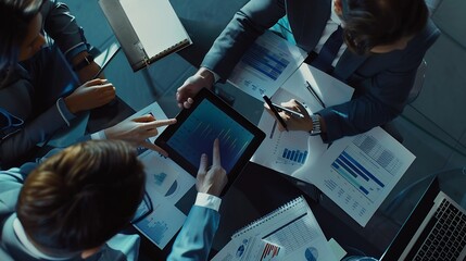 Poster - Top view of smart manager looking at financial statistic on tablet at meeting room Group of diverse business people working together to analyze investment data on table with notebook D : Generative AI