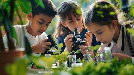 Aufkleber - Learning students and children in classroom for microscope teacher and science for experiment of plants Container sample and observation of nature growth and development of kids with e : Generative AI