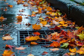 Wall Mural - A street covered in leaves and rain. The leaves are scattered all over the ground and the rain is falling