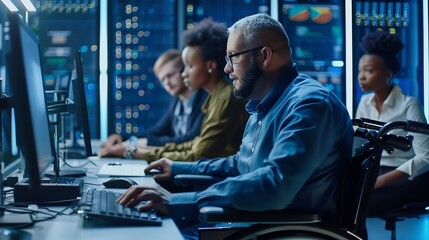 Fototapete - Person with disability next to multiracial coworkers in data center coding on computer Wheelchair user and multiethnic team working together doing programming overseeing server cluster : Generative AI