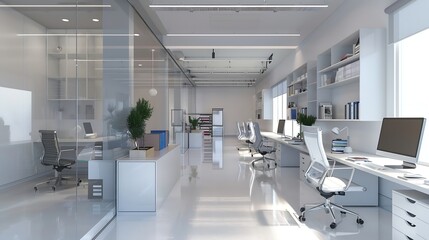 Poster - Interior of light office with modern workplaces and shelf units : Generative AI