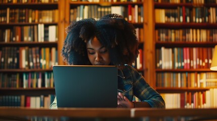 Aufkleber - Focused African American College Student Studying in a Classic Library Young Woman Using Laptop for Online Education Surrounded by Books Preparing for University Exams : Generative AI