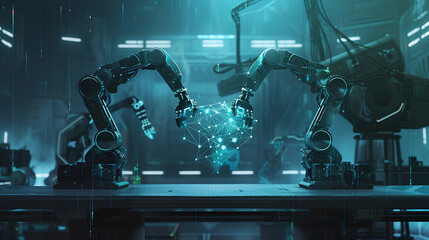 Fototapete - Neural network or artificial intelligence in industry 4.0. Robotic arms creates neural network on podium in virtual reality. Industrial revolution. Concept of futuristic industry technology Stock Illu