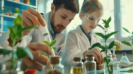 Aufkleber - Smart Boys and Talented Girls Experimenting with Growing Crops and Testing Different Nutrition Additives Young Teacher Helping Elementary School Pupils with Biology and Chemistry Class : Generative AI
