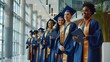 © The Little Hut - Portrait of a group of smiling happy multiracial diverse graduates students standing in a row in a blue university graduate gown and holding diploma indoors Education and graduation co : Generative AI