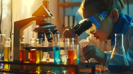 Fototapete - little scientist looking through a microscope and test tubes filled with chemicals for learning about science and experiments : Generative AI