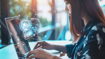 Poster - Education technology and AI Artificial Intelligence concept Women use laptops Learn lessons and online webinars successfully in modern digital learning  Courses to develop new skills : Generative AI